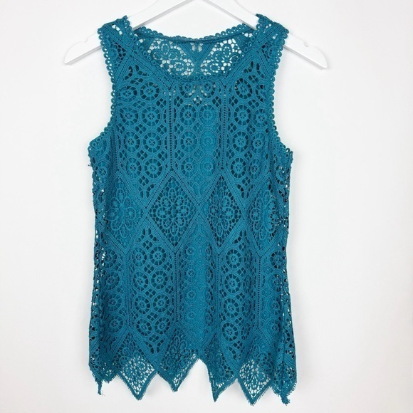 Simply Styled Tops - Simply Styled Womens Teal Blue Crochet Lace  Sleeveless Top Size XS